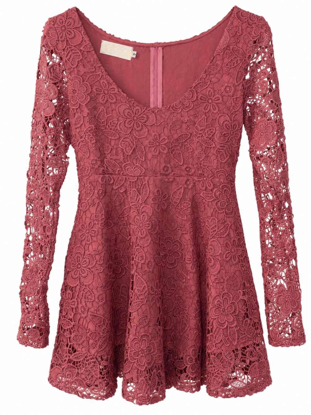 Lace Scoop-Neck Pink Long Sleeve Mini Dress Size: S